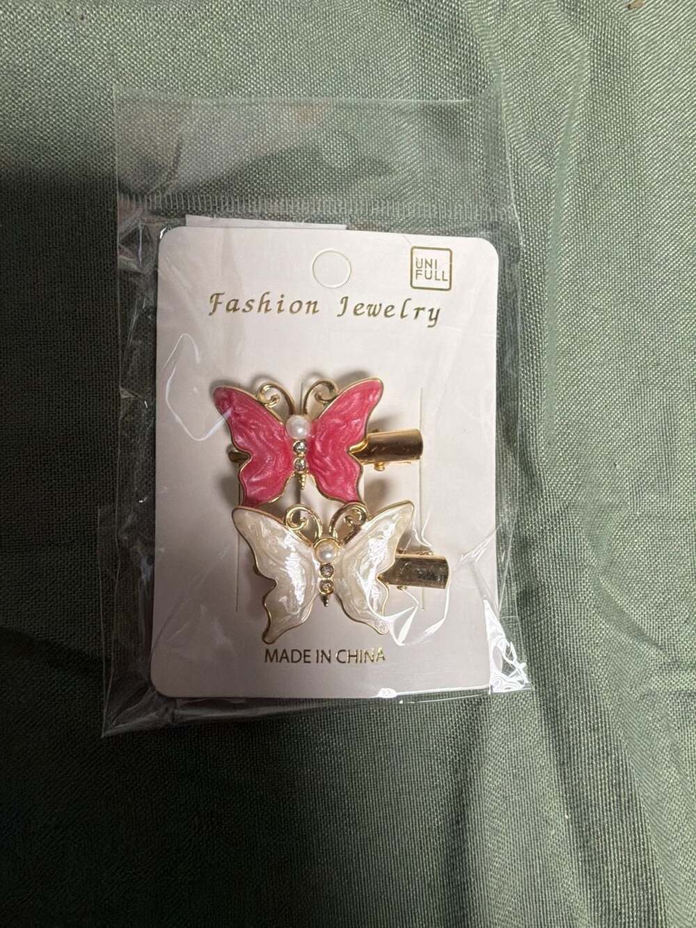 UNI FULL Fashion Jewelry Pink and White Butterfly Hair Clips with Pearl and Rhin